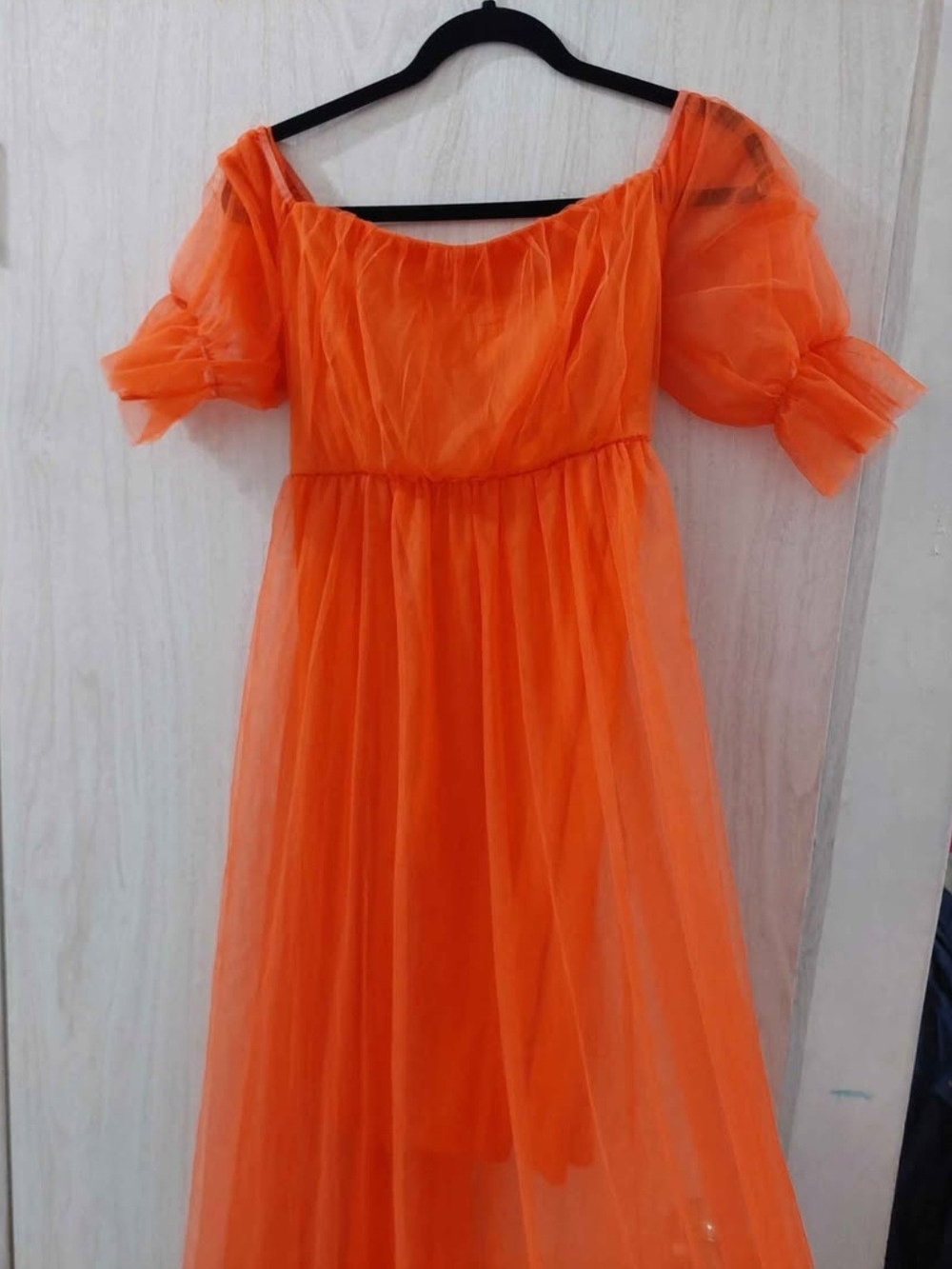 Sheer Orange Puff-Sleeve Maxi Dress